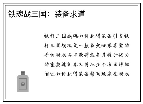 铁魂战三国：装备求道